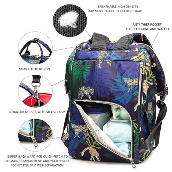Diaper Bag Backpack, Animal Print Travel Nappy Bag with USB Charging Port main image 6